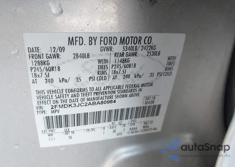 2010 Ford Edge Sel z USA, uszkodzony, nr VIN 2FMDK3JC2ABA80984